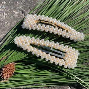 Ivory Pearl embellished clip on barrettes, pair glam prom wedding dressy dance